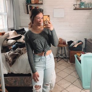 Simple Grey Pocket Long Sleeve Shirt